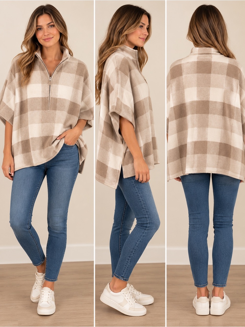 Tahari Buffalo Plaid Poncho Womens L/XL Oversized Cozy Beige Zip Sweater